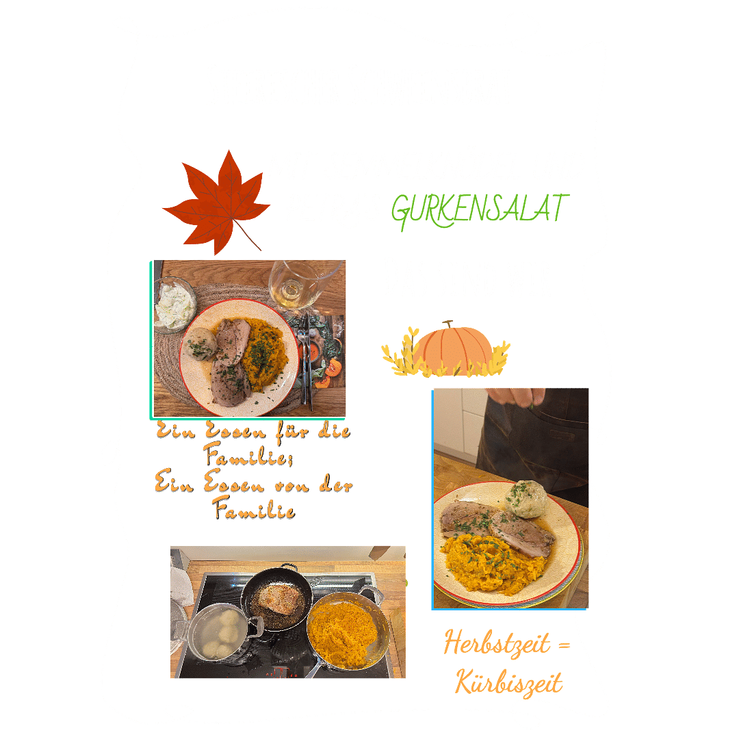 Das sind Wir -Steirischer Schweinsbraten mit steirischem Kürbisgemüse, Semmelknödel und Gurkensalat mit Dille und Sauerrahm