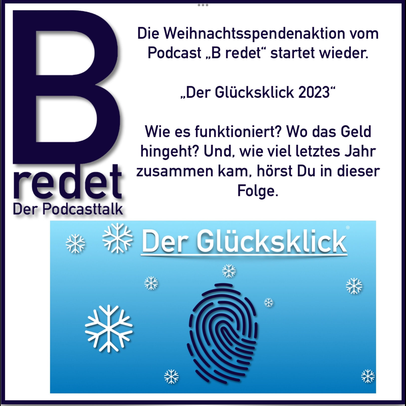 "Der Glücksklick 2023" startet wieder. Die Weihnachtsspendenaktion von "B redet"