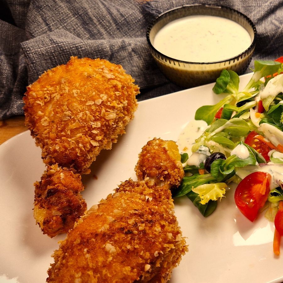 Folge 124 - Fried crispy drumsticks mit Ranch-Dressing Salat
