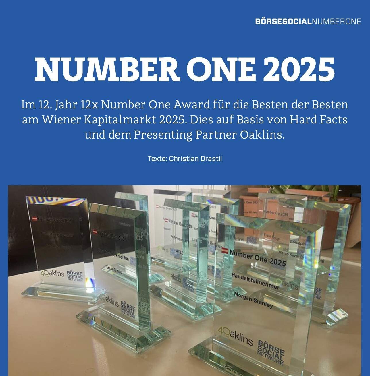 Number One Awards 2025 an AT&S, Do&Co, Erste Group, Morgan Stanley, Palfinger, EAM (Kategorien 1-6 von 12)